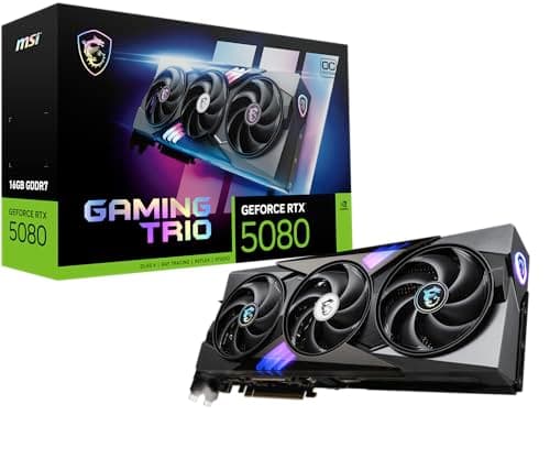 Image of MSI GeForce RTX 5080 16G GAMING TRIO OC Graphics Card - RTX 5080 GPU, 16GB GDDR7 (30Gbps/256-bit), PCIe 5.0 - TRI FROZR 4 (3 x STORMFORCE Fan), Gaming & Silent mode, RGB - HDMI 2.1b, DisplayPort 2.1b