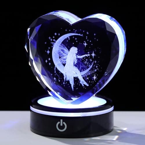 Image of Arikyrist 3D Moon Fairy Figurines K9 Crystal Heart with LED Light Base Fairy Keepsake Gifts for Women Fairies Lovers Collectible Tinkerbell Paperweight Home Decor