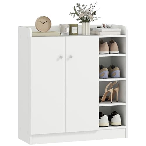 Image of HOMCOM Shoe Storage Cabinet Two Doors w/Adjustable 4 Shelves Cupboard Footwear Rack Stand Organiser Hallway White