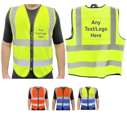 Image of PB TECH Personalised Printed High Visibility Hi Vis Zipper Front Vest Customised Hi Viz Safety Waistcoat, Emergency Jacket with Neon Reflective Strips. (M, Yellow)
