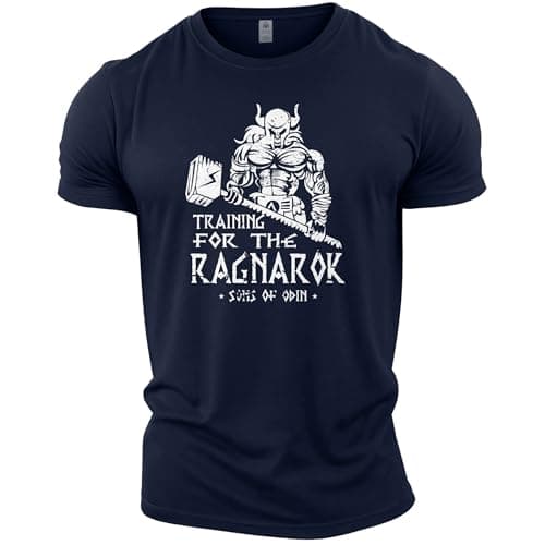 Image of GYMTIER Sons of Odin - Training for Ragnarok Vikings - Men's Gym T-Shirt Bodybuilding Training Workout Lifting Top Clothing, Navy, XL