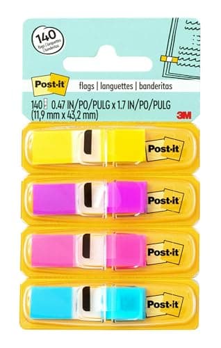 Image of Post-it Index Small Flags, Pack of 4 Dispensers, 35 Flags per Dispenser,11.9 mm x 43.2 mm, Yellow, Purple, Pink, Blue Color - to Mark, Highlight or Color Code Important Information