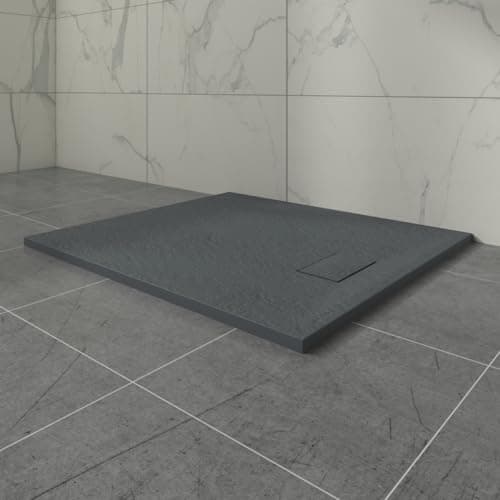Image of Aquariss Anthracite Rectangular Shower Tray Slate Effect SMC Slip-Resistant Shower Base for Bathroom Enclosures 1100x900mm with Waste