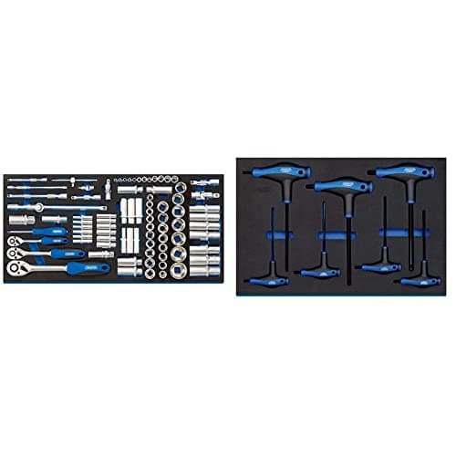 Image of Draper 63540 1/4", 3/8" and 1/2" Socket 84 Piece Set in Full Drawer Eva Insert Tray, Blue & 63503 T' Handle Ball End Hexagon Key 7 Piece Set in 3/4 Drawer Eva Insert Tray, Blue