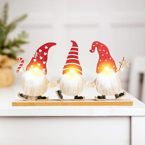 Image of Marco Paul 29cm Wooden Gonk Santa LED Sign - Free-Standing Light Up Xmas Table Decoration - Rustic Table Centrepiece for Mantel, Fireplaces & Windowsill - Christmas Table Decoration Gifts for Women