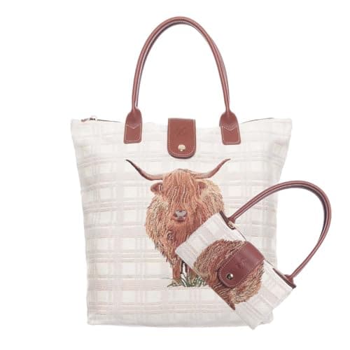 Image of Signare Tapestry Tote Bag, Foldable Design 18 different patterns (FOLD) (Highland Cow)