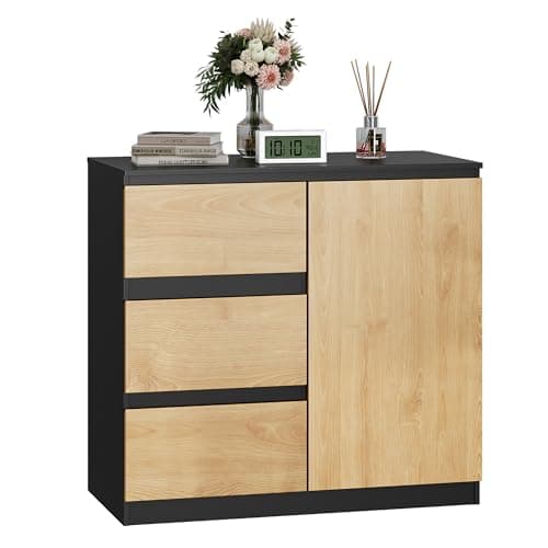 Image of WLIVE Chest of Drawers with 3 Drawers, Wide Sideboard with 1 Door 2 Shelvses, Modern Storage Unit, for Living Room, Bedroom, Hallway, 80 x 75 x 40cm (Black + Oak, 1 Door 3 Drawer)