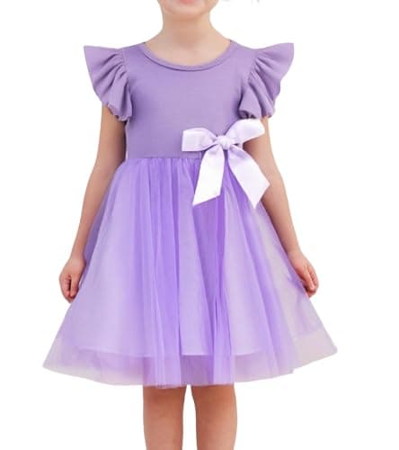 Image of Beganly Girls Tulle Dress Toddler Ruffle Sleeves Bow Princess Party Casual Tutu Dresses Purple 100