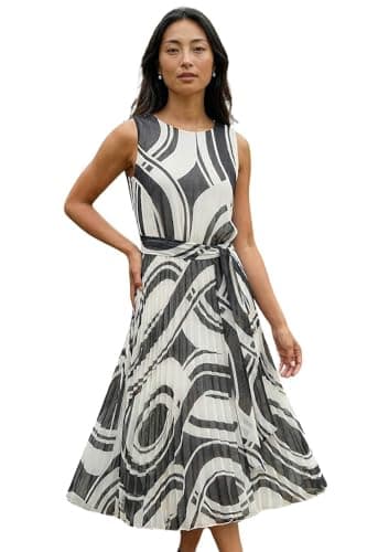 Image of Roman Pleated Dress for Women UK Ladies Fit and Flare Everyday Smart Casual Work Office Meeting Wedding Guest Comfortable Round Neck Knee Length Midi Jersey - Petite Black - Size 14