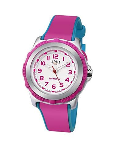Image of Limit Kids’Sport Watch 31mm Silver Case Stainless Steel Bezel White Dial with Dark Pink Numbers & EL Backlight Blue & Dark Pink Strap Quartz Analogue 100m Water Resistant, 2-Year Guarantee