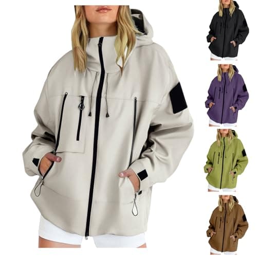 Image of Softshell Jacket Womens, Casual Outdoor Raincoats with Hooded, Breathable Zip Up Softshell Jackets with Pockets, for Spring Fall Winter, Rain Coats for Women