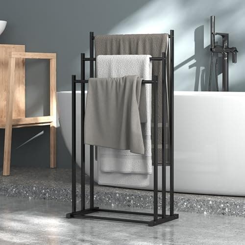 Image of BRAVECOW 3-Tier Vertical Towel Rack, Anti-Rust Carbon Steel Freestanding Towel Rod Holder for Bathroom Accessories Storage, Washcloths Laundry Drying