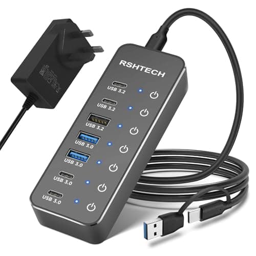 Image of RSHTECH Powered USB Hub, 7-Port USB-C Hub Splitter with 3x 10Gbps USB 3.2 Data Port (2C+1A), 4x 5Gbps USB 3.0 Ports (2C+2A), Aluminum USBC Multiport Adapter with 3.3ft USB C/A Long Cable