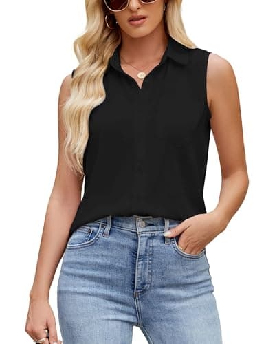 Image of SPRING SEAON Womens Sleeveless Satin Blouse Button Down Shirt with Chest Pocket Solid Casual V Neck Summer Tank Tops for Work Office Black