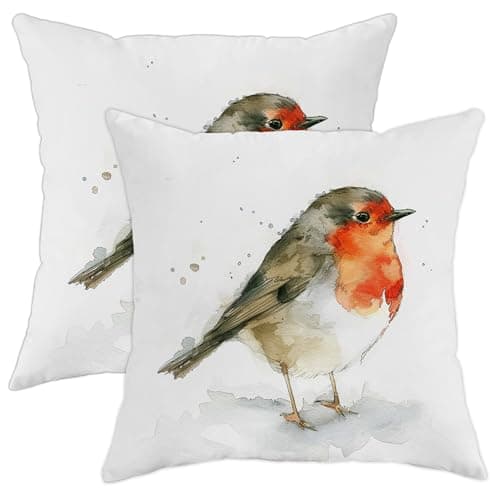 Image of Winter Pillow Covers Set of 2, Red Robin Bird Decorative Throw Pillows Case, Indoor Farmhouse Style Cushion Covers for Home Sofa Bed Couch 18x18 Inch