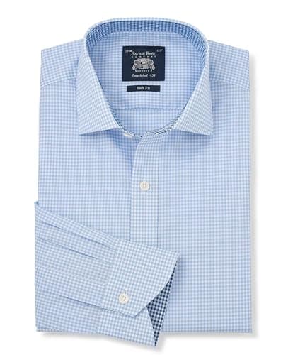 Image of THE SAVILE ROW COMPANY LONDON Men's Slim Fit Cotton Poplin Single Cuff Formal Shirt - Sky Blue Gingham Check - 15.5" Collar - Standard