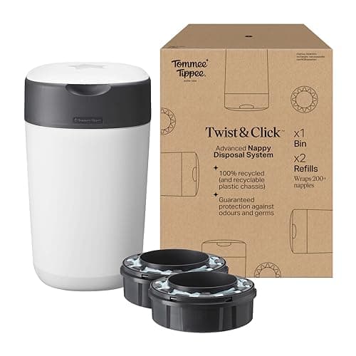Image of Tommee Tippee Twist & Click Nappy Bin, Exclusive Pack with 2 Refill Cassettes (1 Pre-Loaded, 1 Extra), Guaranteed Odour & Germ Protection, Large Capacity, Pack May Vary