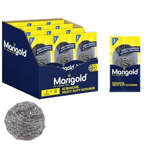 Image of Marigold Scrunchie Stainless Steel Scourers | Heavy‑Duty Metal Spiral Pads for Stubborn Dirt & Burnt‑On Food | 12 Packs of 3 (36 Total) | 100% Rust‑Resistant Stainless Steel for Deep Cleaning