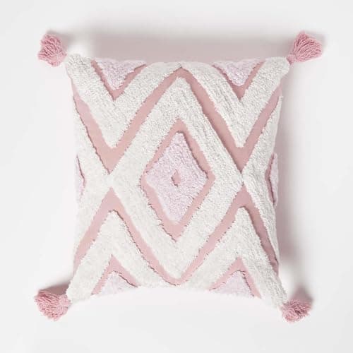 Image of HOMESCAPES Tufted Cushion Covers 45 x 45 cm, Filled, Pure Cotton Boho Throw Pillow Covers with Tassels, Pink Geometric Luxury Decorative Pillow Cases for Sofa or Bedroom - Insert Included