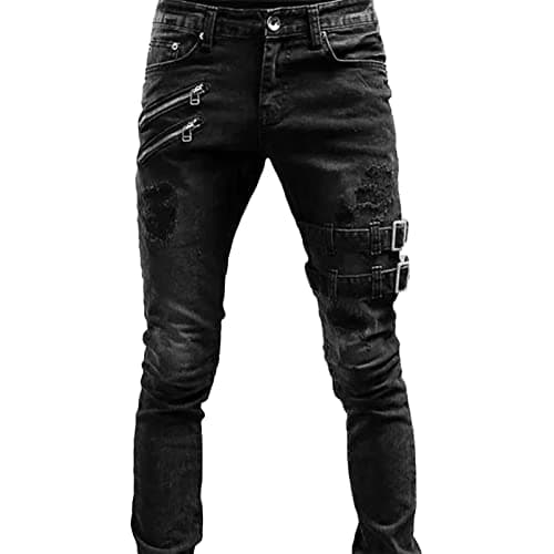 Image of Maiyifu-GJ Men's Distressed Moto Biker Jeans Ripped Punk Gothic Zipper Denim Pants Hip hop Tapered Leg Slim Fit Jean, Black, Large