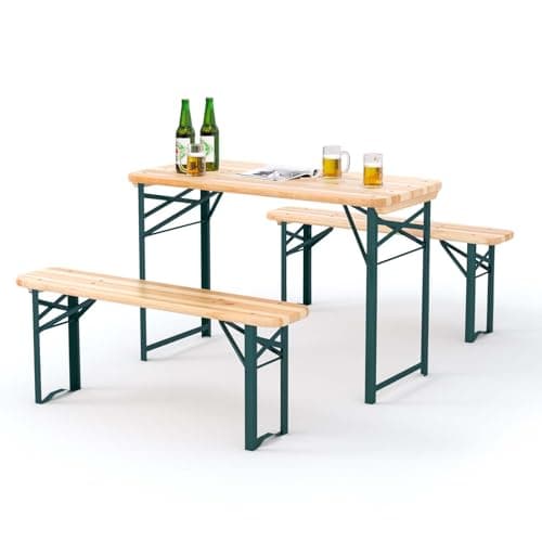 Image of Warmiehomy Folding Camping Wooden Beer Table and Bench Set 3pcs Outdoor Garden Furniture Portable Picnic Trestle Table Bench Set with Metal Legs for Patio Yard Party BBQ Fishing, 117cm x 56cm x 76.5cm