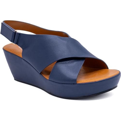 Image of CIARA LONDON Ladies Slip On Mid Heel Wedge Casual Summer Sandals, Hook & Loop, Slingback, Open Toe, Navy UK 4