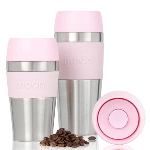 Image of Moon 360° Travel Mugs - Leakproof Reusable Coffee Cup for Hot Drinks - Insulated Stainless Steel Thermal Mug, Fits Car Cup Holders (300ml, Recycled Metal/Pink)