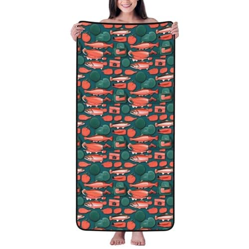Image of AYYQWE Salmon Pattern Print Coral Velvet Bath Towel For Home Bathroom Spa Beach Travel Holidays Daily Use