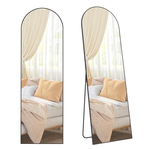 Image of SONGMICS Full Length Mirror, 160 x 50 cm, Arched Full Body Mirror with Stand, Aluminium Alloy Frame, Tempered Glass, for Bedroom, Living Room, Cloakroom, Ink Black LFM031B01