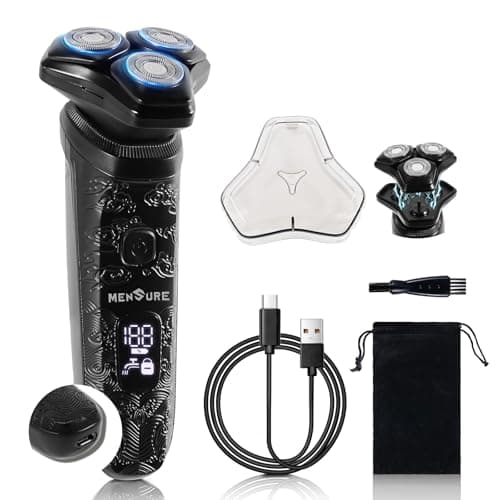 Image of MENSURE Electric Shavers for Men - 4D Rotary Electric Razor with 3D Floating Heads, Cordless Rechargeable Beard Trimmer, IPX7 Waterproof, LED Display,Travel-Friendly, Gift for Men, Black