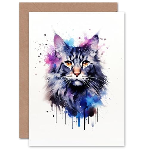Image of Artery8 Maine Coon Cat Lovers Gift Watercolour Pet Portrait Painting Artwork Sealed Greeting Card Plus Envelope Blank inside