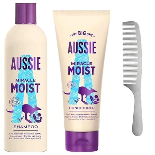 Image of Aussie Miracle Moist Shampoo and Conditioner Set with Macadamia Nut Oil, For Dry and Brittle Hair, 2-Piece with Hair Comb