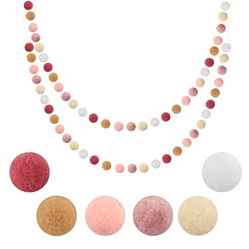 Image of G2PLUS 2PCS Pre-strung Felt Ball Pom Pom Garland, 60 Balls, Pink and White Nursery Decor, Hanging Decoration for Christmas Party Nursery Room