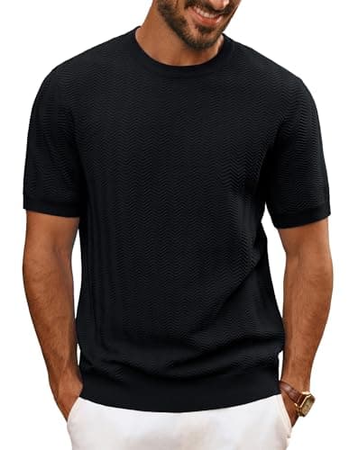 Image of PJ PAUL JONES Mens T Shirt Crew Neck Knitted Tee Shirt, Casual T Shirts UK Short Sleeve Black S