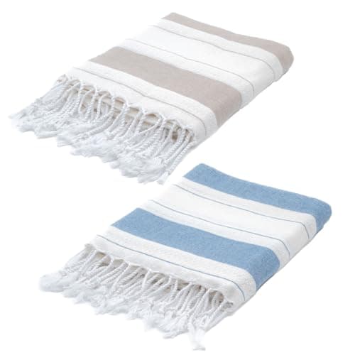 Image of BERCA HOME 2 Pack Ephesus Turkish Beach Towel – Lightweight, Quick Dry, Sand Free – 100% Cotton Peshtemal Hammam & Bath Towel – 90x190 cm – Soft & Compact (Beige & Blue)