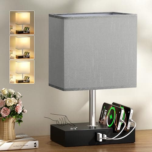 Image of PreeOtti Grey Touch Lamp, Table Lamp with 2 USB Charging Station, Black Metal Base (Bulb Included)