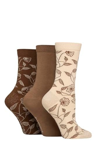 Image of Glenmuir Women's Gift Boxed Socks - Patterned Animal Print, Floral, Soft, Breathable & Cooling Bamboo in Christmas Box 3 Pair Multipack Size 4-8 Beige/Brown Floral