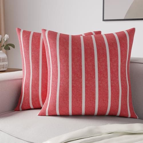 Image of Encasa XO Cushion Covers 2 pcs set (40x40 cm) - Roma Red Stripes - Decorative Large Square Colourful Washable Eco - Cotton, Throw Pillow Cases for Living Room, Sofa, Bedroom, Home & Hotel