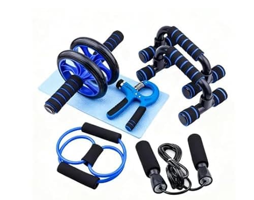 Image of 8-in-1 Ab Roller Wheel Workout Set – Home Gym Fitness Kit with Push-Up Bars, Resistance Band, Jump Rope, Hand Gripper, Knee Pad & Carry Bag – Core & Full Body Training Equipment for Men & Women (Blue)