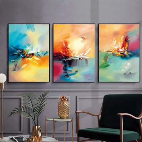 Image of WUHBCZ Canvas Paints-Colorful Abstract Wall Art Yellow Pink Blue Sheet Painting Canvas Wall Pictures Watercolors Art Work for Living Kitchen Office Bedroom Decoration-60 * 80cm/3PCS (No Frame)