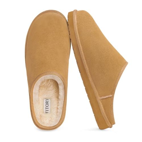 Image of FITORY Men's Suede Scuff Slippers,Comfy Fuzzy Lining Leather Slip-On House Shoes with Memory Foam Insole for Winter Indoor/Outdoor Chestnut Size 8.5