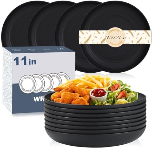 Image of Wrova Large Deep Plates 11 INCH Dinner Plates Set of 8 Reusable Big Salad Plate Dishwasher & Microwave Safe Lightweight Large Plate for Kitchen, Camping - Black