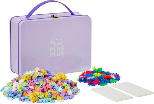 Image of Plus Plus - Purple Metal Case - 600 Pieces - Creative Building and Construction Set - Mix of Pastel and Neon Colors in a Travel Suitcase Box - Kids 5 to 12 Years - P7003