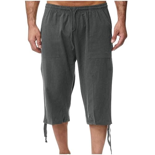 Image of RLEHJN 3/4 Length Cotton Linen Shorts Men UK Clearance, Mens Summer Shorts Elasticated Waist Casual Lightweight Cropped Trousers Solid Color Drawstring Three Quarter Pants with Pockets M-XXL