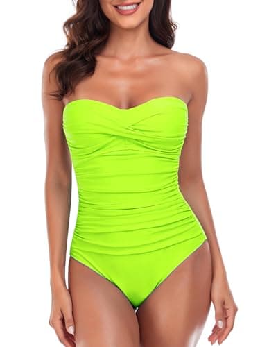 Image of RELLECIGA Women's Tummy Control Swimwear Strapless One Piece Swimsuit for Women, Neon Green, Medium, R7013-403M