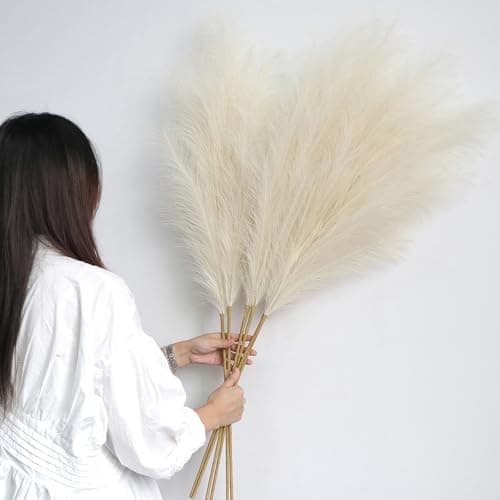 Image of YiYa Artificial Pampas Grass Decoration 6 Pcs 113CM Large Pampas Grass Stems Off white Fluffy Artificial Pampas Grass for Floor Vases Tall Plant Flowers Boho Home Decor Office Decor