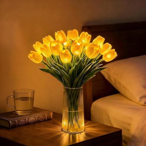 Image of Tulip LED Night Light, Radiant Romantic Tulip Light – 15 Pcs Artificial Flower Fairy Lights with Warm Soft Glow, Bendable Stems for Home Bedroom Living Room Decor, Gift for Women, Mom, Wife (Yellow)