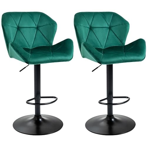 Image of HOMCOM Bar Stools Set Of 2, Luxurious Velvet-Touch Barstools with Metal Frame Footrest Round Base Triangle Indenting Moulded Seat Adjustable Height Swivel Green