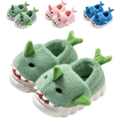 Image of DRECAGE Kids Shark Toddler Slippers Boys Girls Winter Plush Warm Anti-Slip Soft Children Cute Cartoon House Shoes Green 5-6 UK Child 22-23 EU