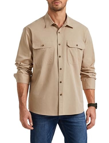 Image of Enlision Men's Long Sleeve Shirt Casual Hard-Wearing Khaki Shacket Overshirt with Double Flap Pockets 3XL